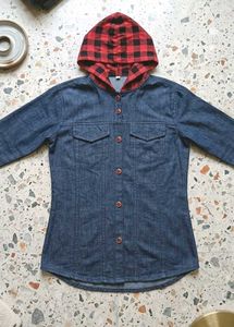 Denim Shirt with Red Plaid Hoodie