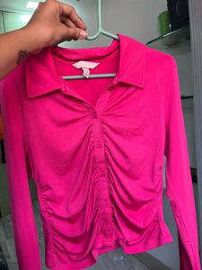 H&amp;M Hot Pink Ruched Long Sleeve Top