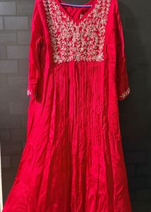 Red satin white sequience  A-line dress