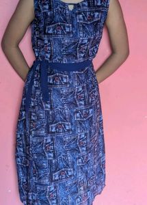 Blue Denim Print Midi Dress