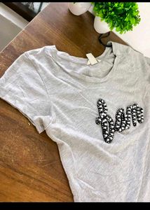 Grey T-Shirt with Beaded Embellishment