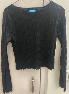 Black Textured Long Sleeve Crop Top