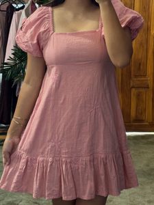 Chic Pink Embroidered Puff Sleeve Dress