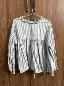 Blue & White Striped Ruffle Neck Top
