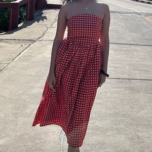 Red & White Gingham Strapless Dress