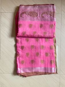 Elegant Pink Silk Saree with Gold Border