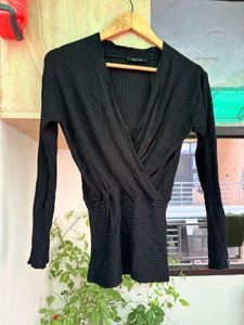 Black Ribbed Long Sleeve Wrap Top