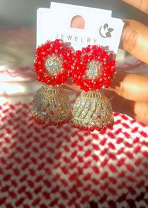 Stunning Red &amp; Silver Jhumka Earrings