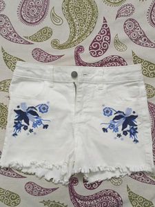 White Embroidered Denim Shorts
