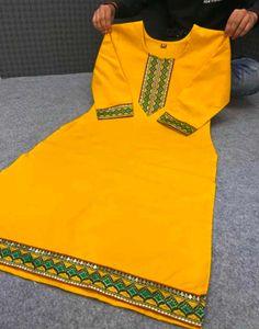 Bright Yellow Kurta with Embellished Neckline