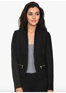 Textured Black Blazer with Gold Zippers