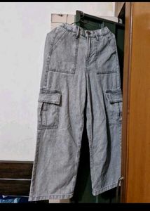 Grey Acid Wash Wide Leg Cargo Pants