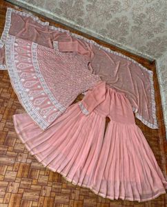 peach sharara set (white thread work)size XL