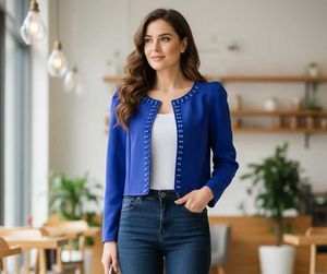Elegant Blue Embellished Cropped Jacket