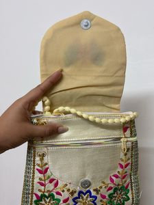Off White Butterfly Sequins Embroidered Sling Bag