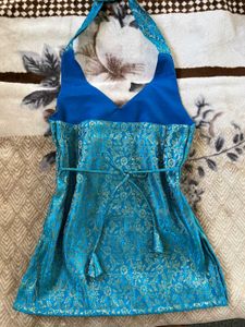 Royal Teal Brocade Halter Neck top