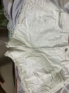 White Lace Detail Ripped Denim Shorts