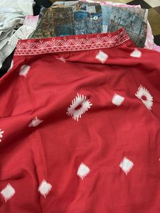 Vibrant Red Saree with White Block Print