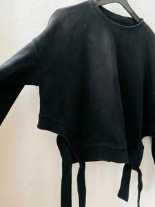 Black Cropped Sweatshirt with Tie Detail