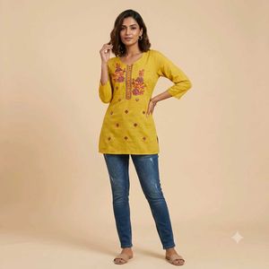Yellow Embroidered Kurti