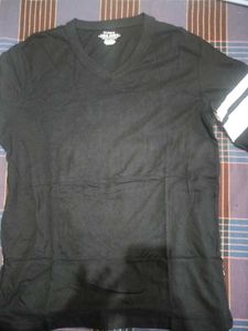 Black V-Neck T-Shirt with White Stripes