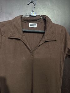 Ribbed Shirt Collar Midi Dress
