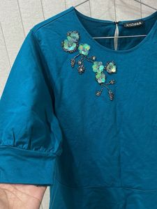 Teal Embellished Peplum Top