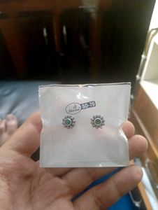 Silver Stud Earrings with Green Stone