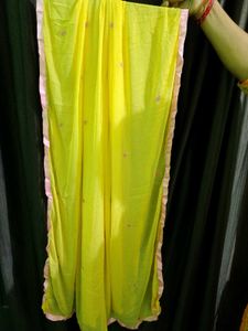 Vibrant Yellow Dupatta with Pink Border and flower