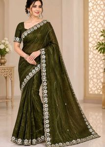 Elegant Olive Green Embroidered Saree