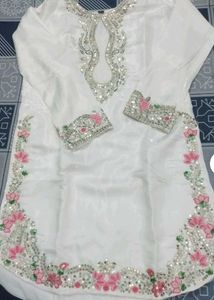 White Silk Kurta Set with Pink Embroidery
