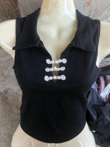 Elegant Black Blouse with White Trim