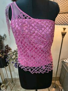 Exquisite Pink Beaded One-Shoulder Blouse