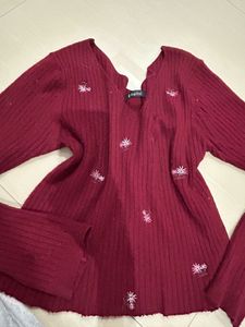 Burgundy Embroidered Knit Top