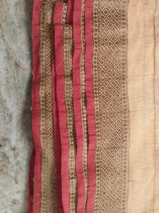 Elegant Beige Saree with Red Blouse Piece
