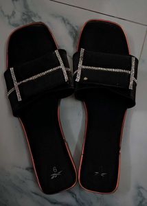 Stylish Black Slides with Rhinestones