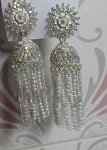 White toned jhumka with pearl hangings