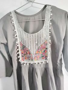 Grey Embroidered Pom-Pom Kurti😍