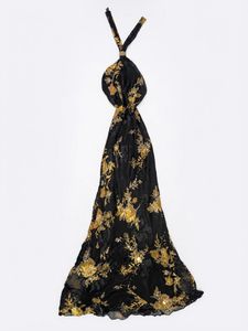 Elegant Black Floral Halter beaded Gown