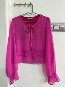 Chic Pink Sheer Blouse with Tie Neck