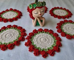 Crochet Red Tulip Coasters Set of 6