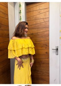 Vibrant Yellow Off-Shoulder Crop Top &amp; Skirt Set