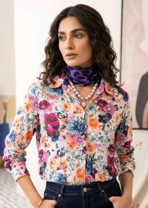 Floral Print Button-Up Shirt with Scarf