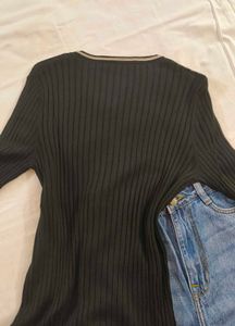 Black Ribbed V-Neck Top