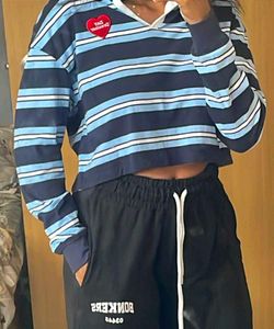 Blue Striped Cropped Long Sleeve Top