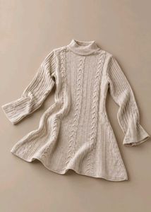 CREAM CABLE KNIT HIGH NECK FLARED SWEATER DRESS