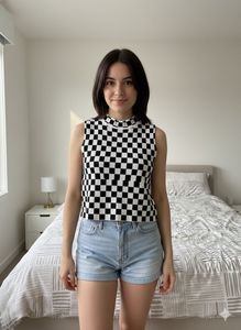 Checkered Mock Neck Sleeveless Top