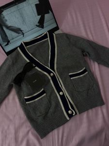 Grey V-Neck Cardigan with Navy Trim