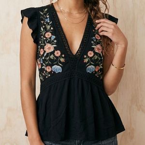 Black Embroidered Flutter Sleeve Top