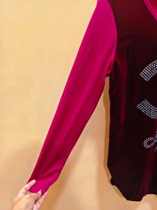 Maroon Velvet Rhinestone Logo Top